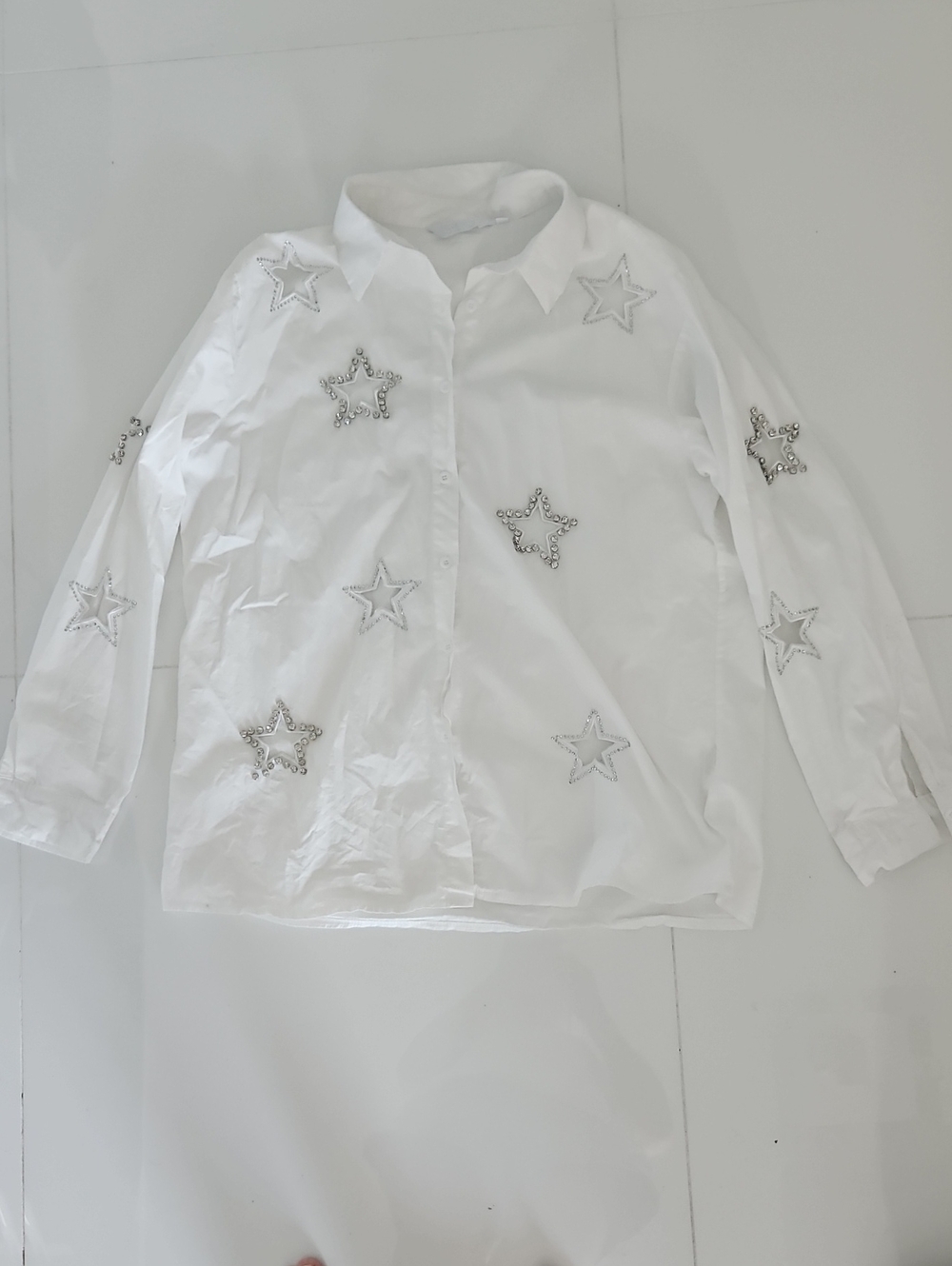 White Rhinestone Star Cut Out Embellished Button-Down Shirt